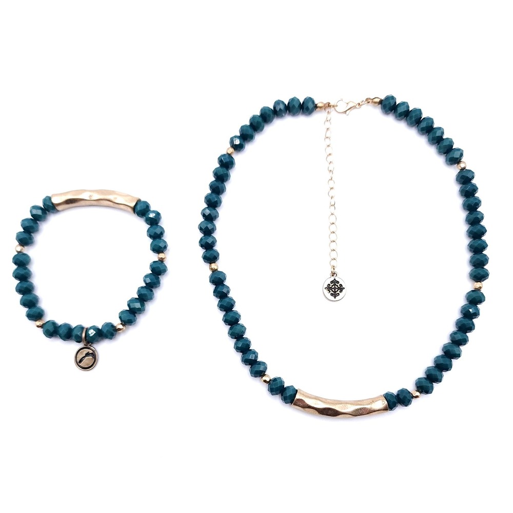 Green Bead Necklace Bracelet Set Gold Tone Bar Teal Glass